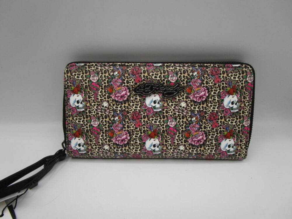 Ed Hardy Cheetah Print Wristlet Zip Around Wallet Skulls Roses All Over Print